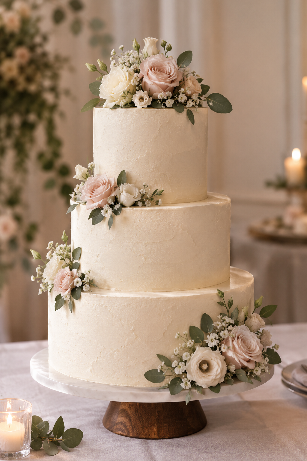 Tarta de boda de tres pisos con flores comestibles