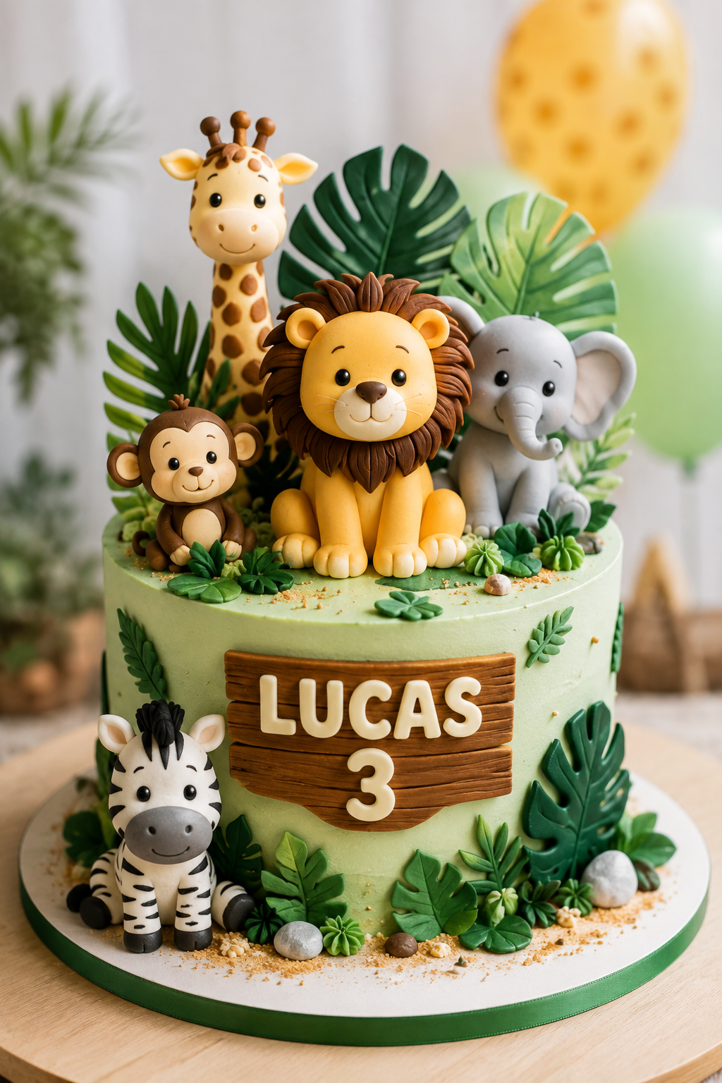 Tarta de cumpleaños infantil con decoración de animales de fondant