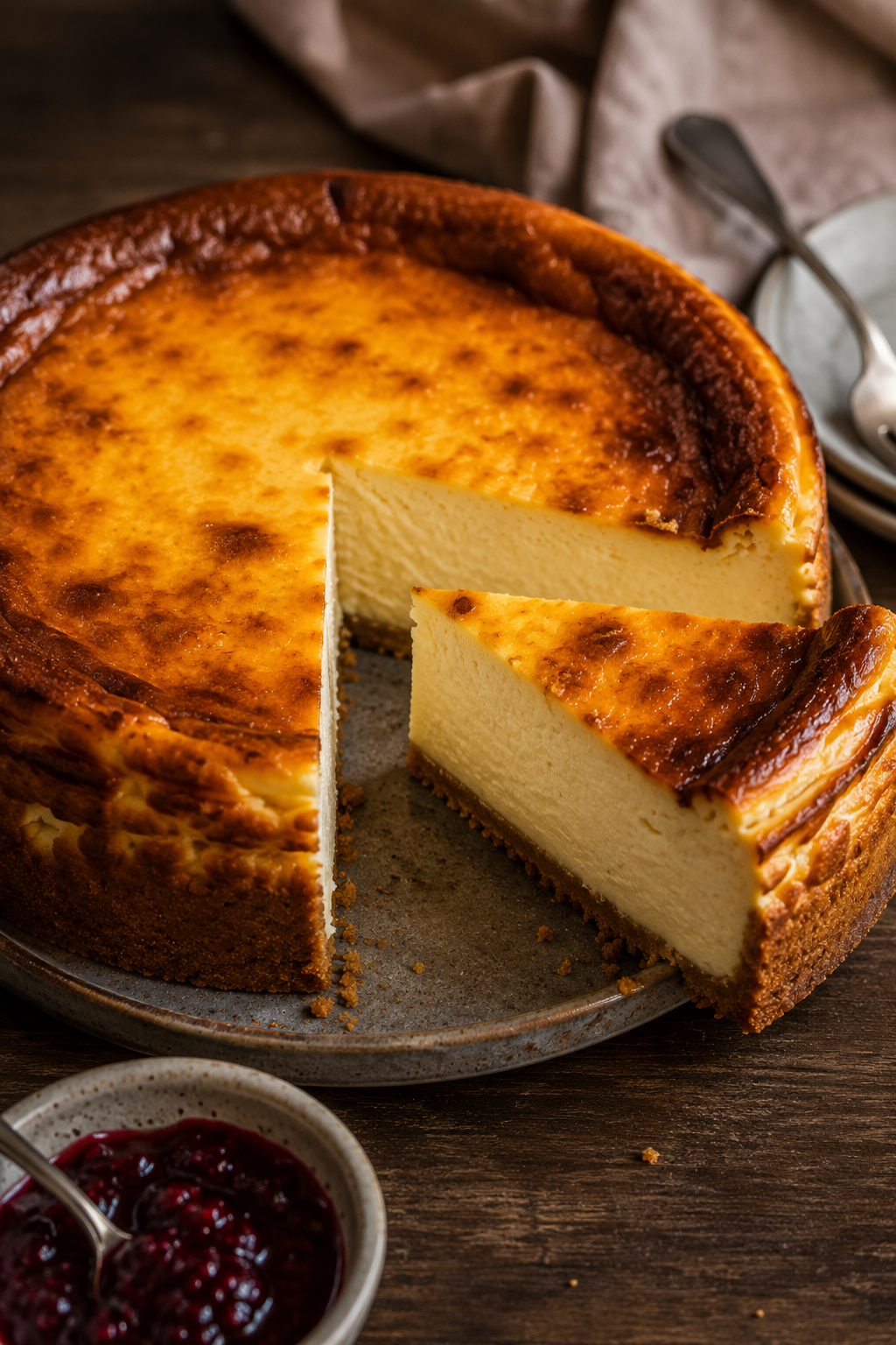 Tarta de queso al horno cortada, mostrando el interior cremoso