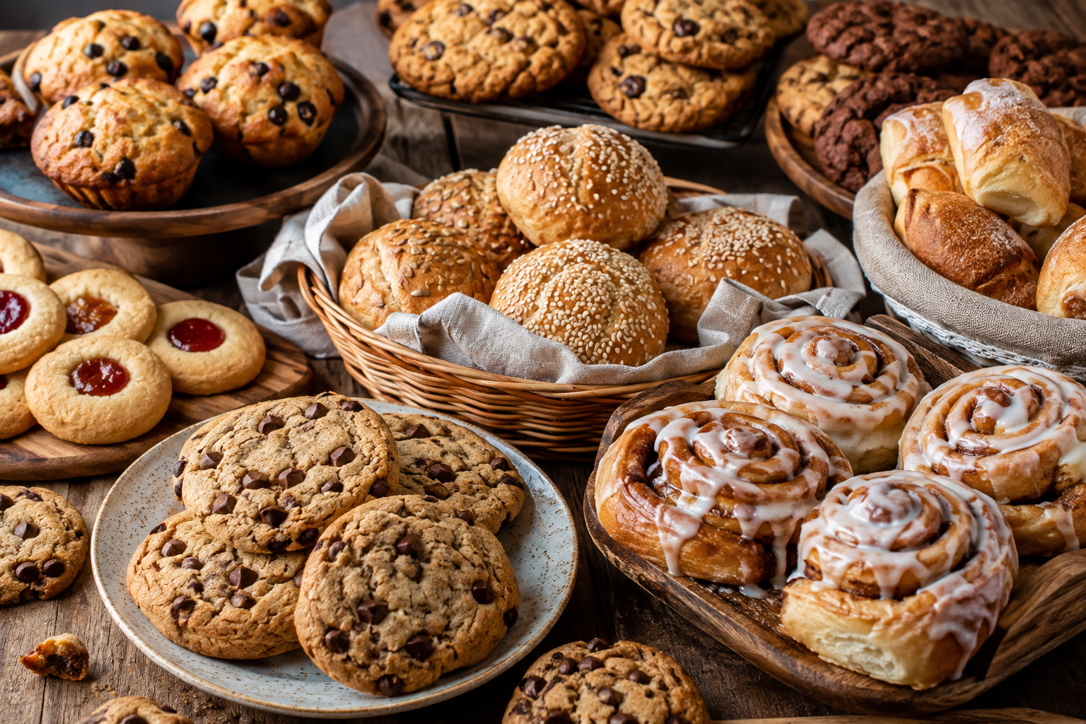 Surtido de dulces recién horneados de Cardamomo: galletas, rollos de canela y panecillos